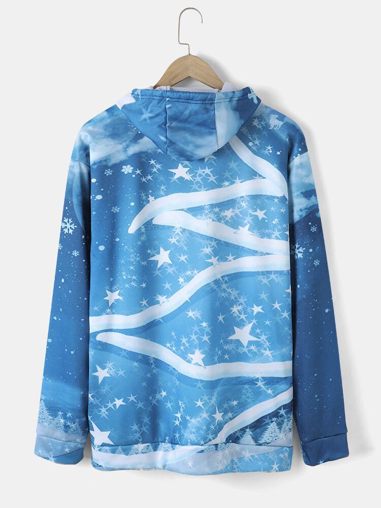 Mænds Christmas All Over Stars Snowflake Print Casual Hættetrøjer Med Snøre