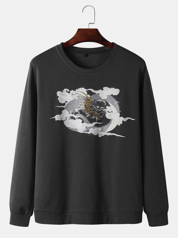 Mænds Dragon Cloud Print Rundhalset Bomuld National Style Sweatshirts