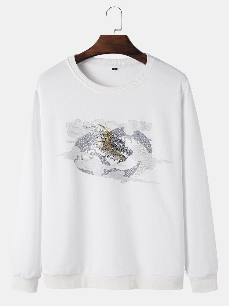 Mænds Dragon Cloud Print Rundhalset Bomuld National Style Sweatshirts