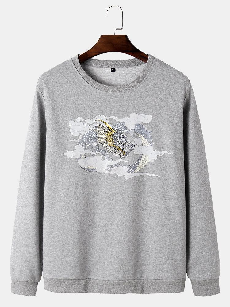 Mænds Dragon Cloud Print Rundhalset Bomuld National Style Sweatshirts