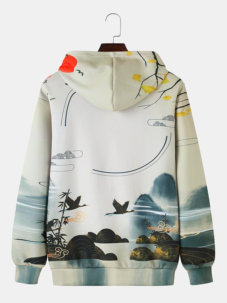 Mænds Etnisk Stil Landskabsmaleri Print Kangaroo Pocket Chinoiserie Hættetrøjer