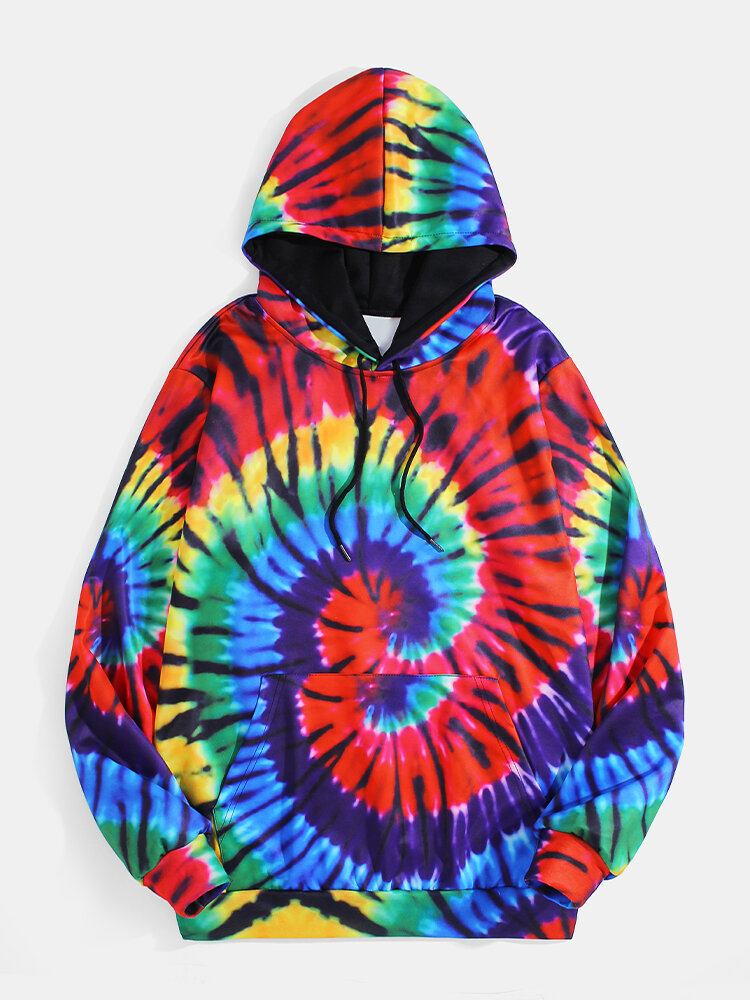 Mænds Farverige Tie-dye Print Lomme Med Lange Ærmer Design Hættetrøjer Med Lomme