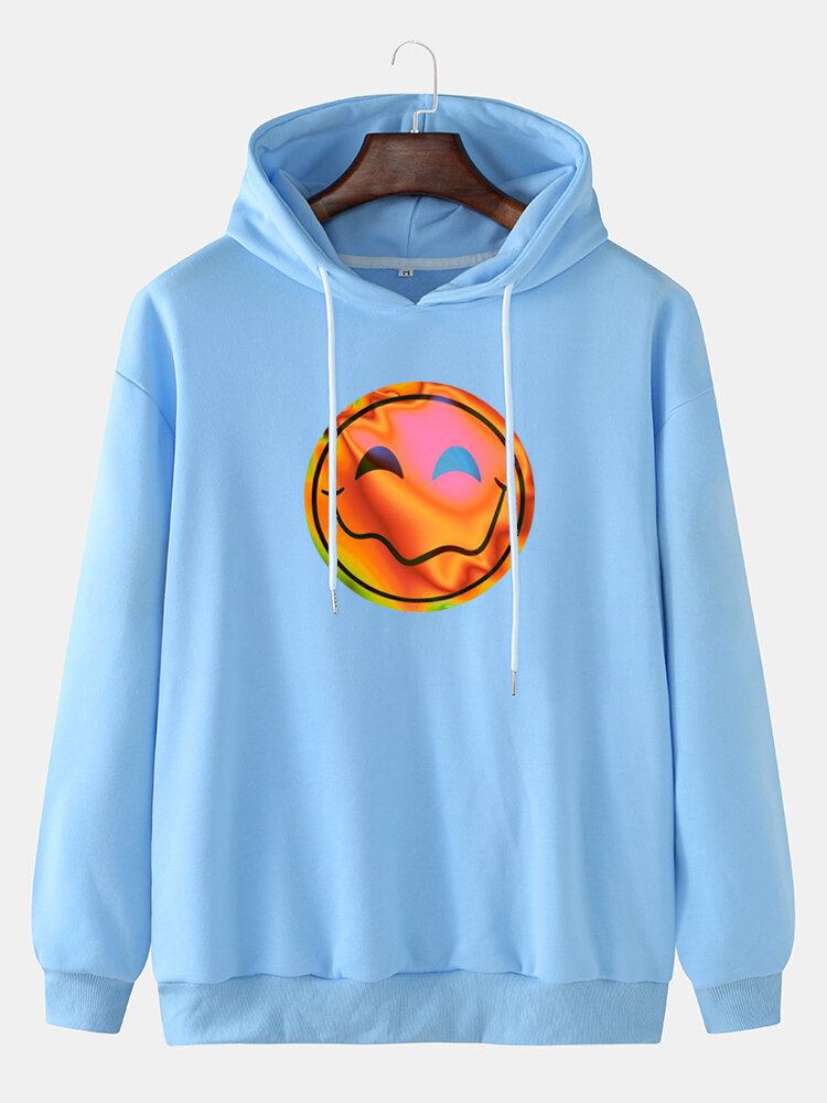 Mænds Funny Flame Smile Emojis Print Snøre Casual Pullover Hættetrøje