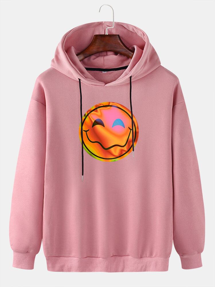 Mænds Funny Flame Smile Emojis Print Snøre Casual Pullover Hættetrøje