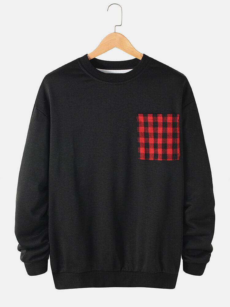 Mænds Kontrast Plaid Patchet Lomme Med Rund Hals Afslappet Sweatshirts