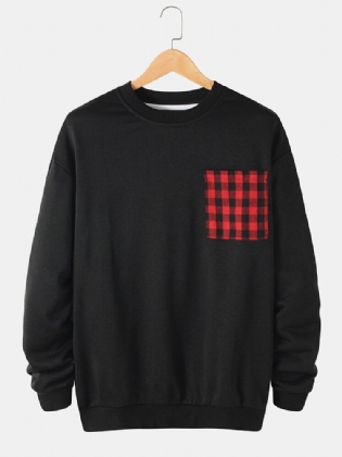 Mænds Kontrast Plaid Patchet Lomme Med Rund Hals Afslappet Sweatshirts