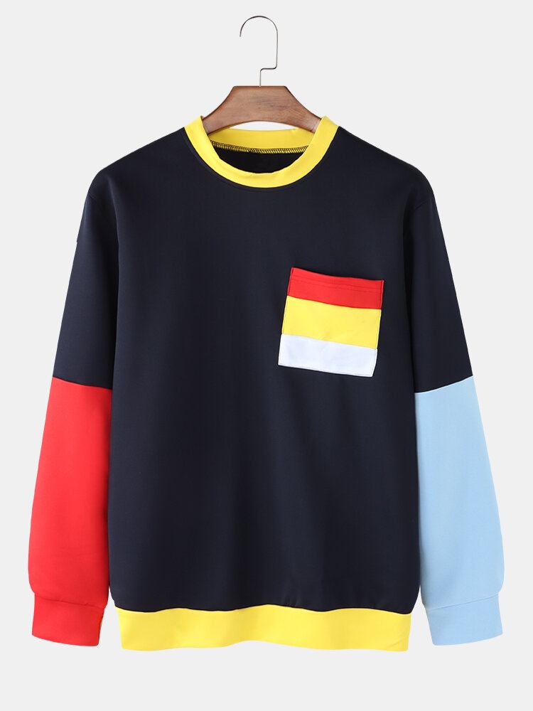 Mænds Kontrastfarver Patchwork Pullover Faux Twinset Sweatshirts