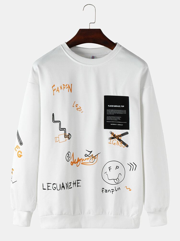 Mænds Letter Printet Label O-hals Casual Løs Sweatshirt