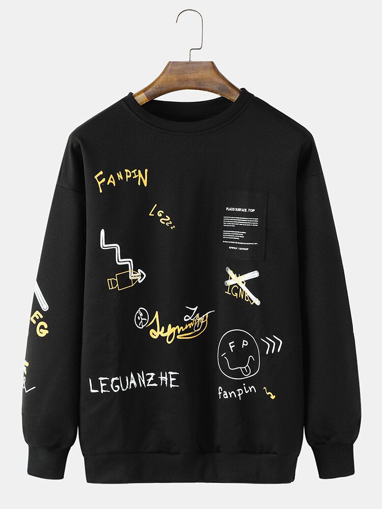 Mænds Letter Printet Label O-hals Casual Løs Sweatshirt