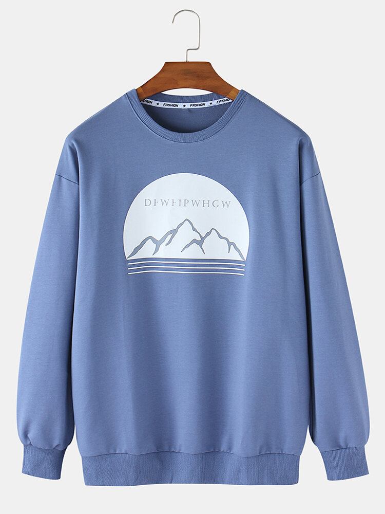 Mænds Mountain Graphic Print Ensfarvet Casual Pullover Sweatshirt