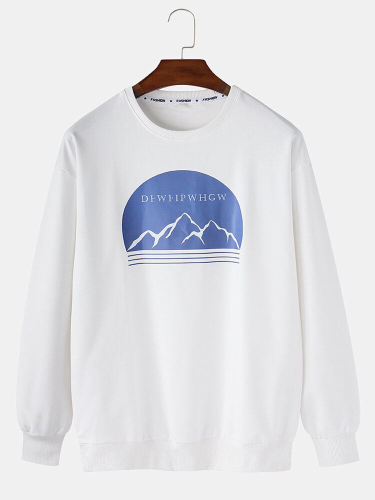 Mænds Mountain Graphic Print Ensfarvet Casual Pullover Sweatshirt