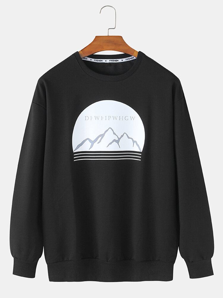 Mænds Mountain Graphic Print Ensfarvet Casual Pullover Sweatshirt