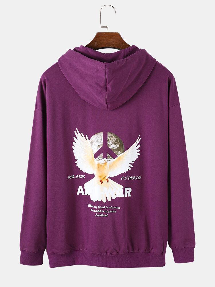 Mænds Peace Dove Anti-war Back Print Snøre Casual Hættetrøjer