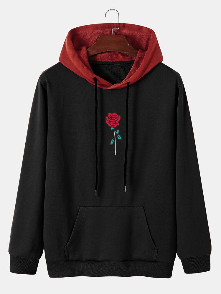 Mænds Rose Mønster Splejsning Snøre Hætte Sweatshirt Med Kængurulomme