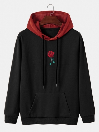 Mænds Rose Mønster Splejsning Snøre Hætte Sweatshirt Med Kængurulomme