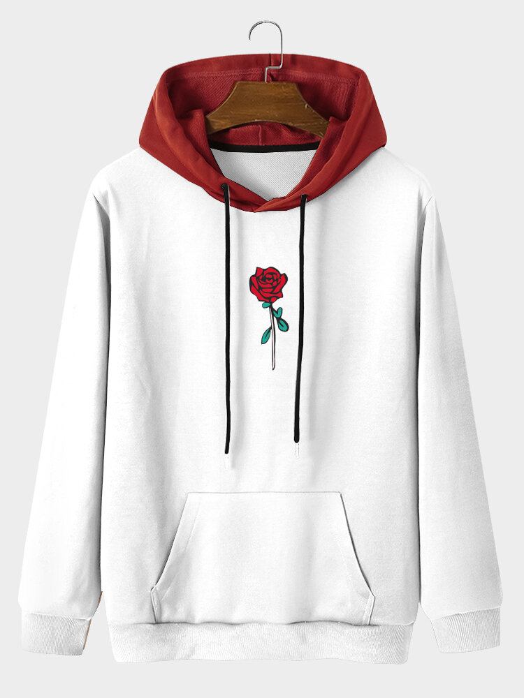 Mænds Rose Mønster Splejsning Snøre Hætte Sweatshirt Med Kængurulomme