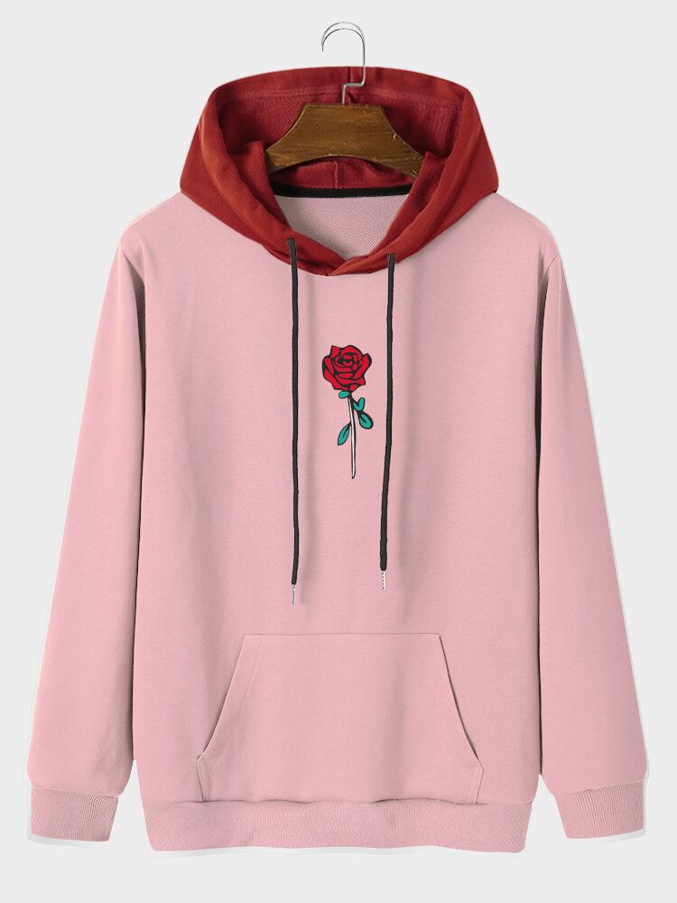 Mænds Rose Mønster Splejsning Snøre Hætte Sweatshirt Med Kængurulomme