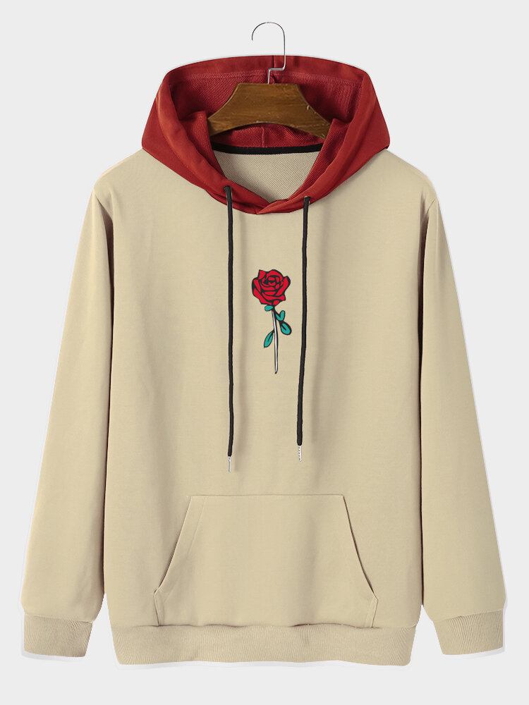 Mænds Rose Mønster Splejsning Snøre Hætte Sweatshirt Med Kængurulomme