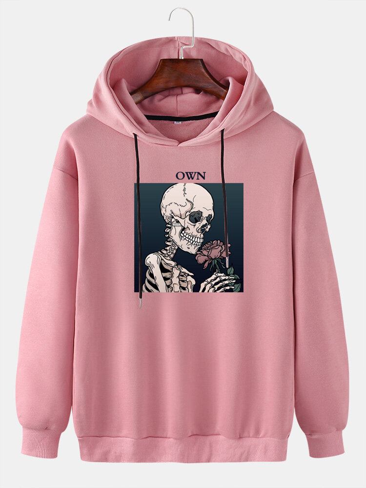 Mænds Skeleton Rose Grafisk Bogstavtryk Casual Drop Skulder Hættetrøjer Med Snøre