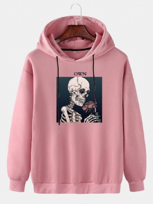 Mænds Skeleton Rose Grafisk Bogstavtryk Casual Drop Skulder Hættetrøjer Med Snøre