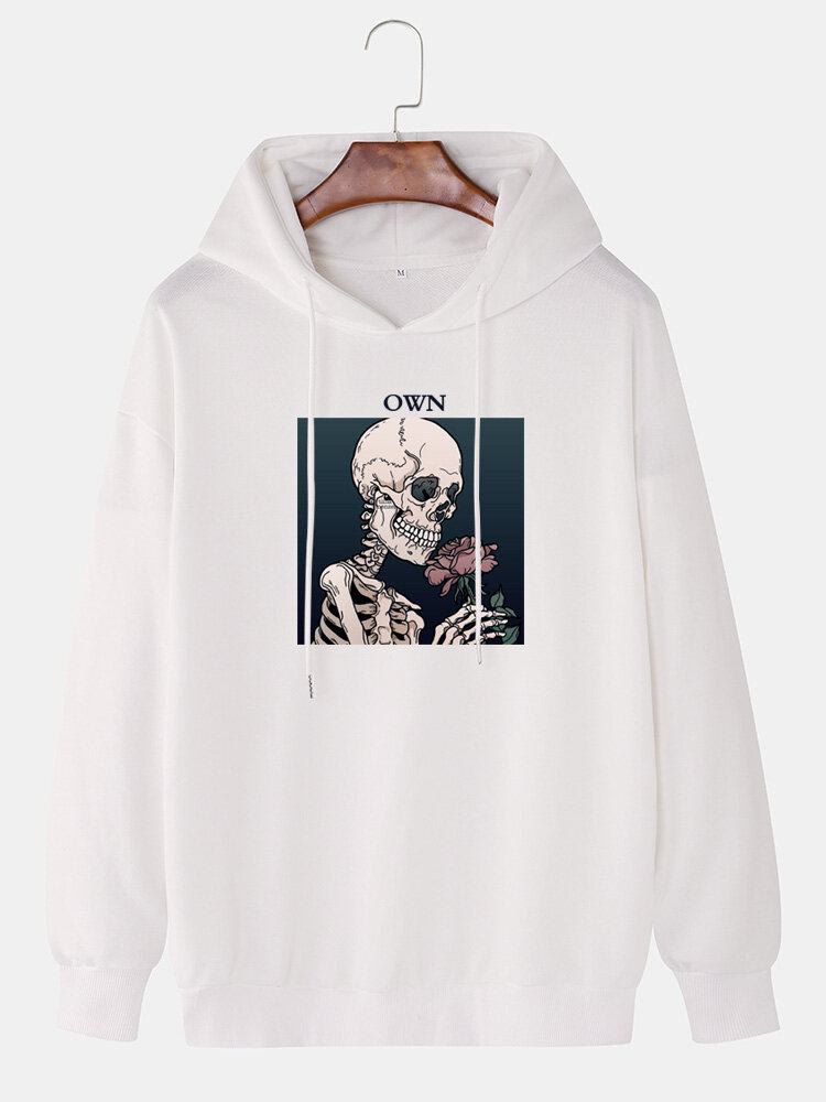 Mænds Skeleton Rose Grafisk Bogstavtryk Casual Drop Skulder Hættetrøjer Med Snøre