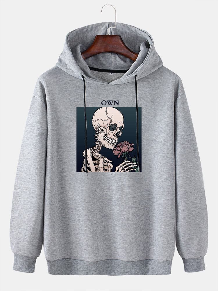 Mænds Skeleton Rose Grafisk Bogstavtryk Casual Drop Skulder Hættetrøjer Med Snøre