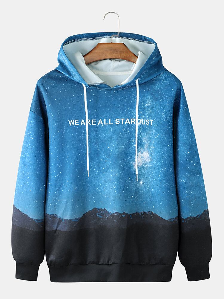 Mænds Slogan Natsceneri Print Afslappet Pullover Hættetrøje Med Snøre