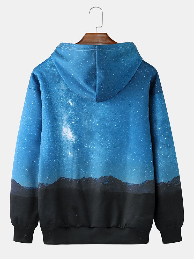 Mænds Slogan Natsceneri Print Afslappet Pullover Hættetrøje Med Snøre