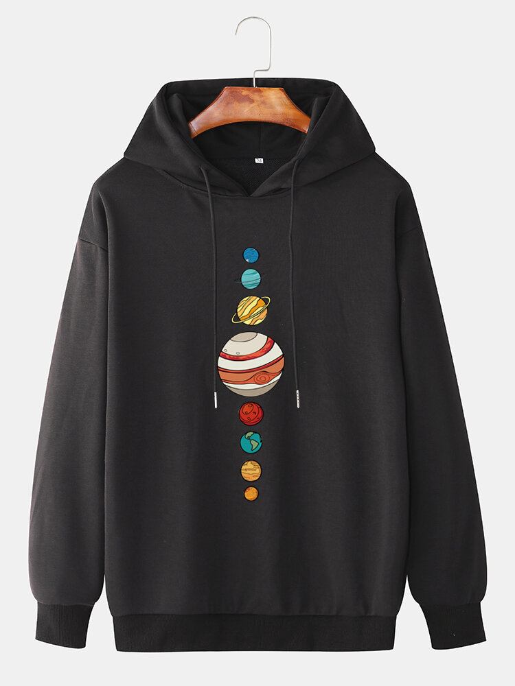 Mænds Søde Multi Planet Print Drop Skulder Langærmede Casual Hættetrøjer