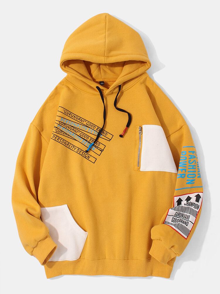 Mænds Street Style Letter Tab Print Bomuld Daglig Snøre Pullover Hættetrøje