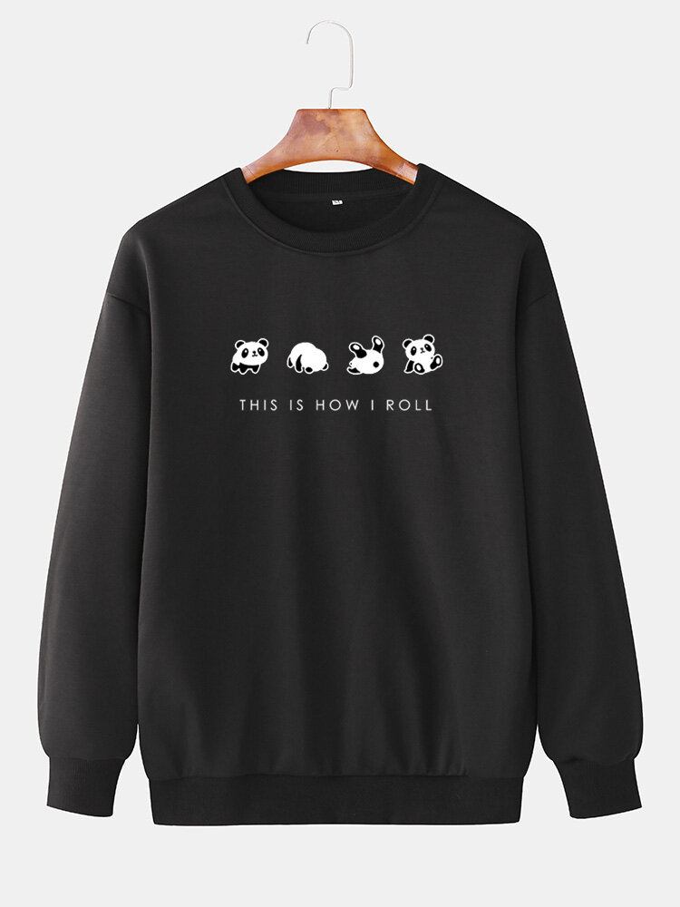 Mænds Tegnefilm Pandatryk Sloganmønster Pullover Casual Sweatshirts