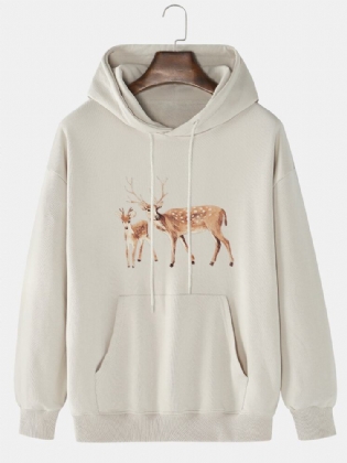 Mænds Tegneserie Elk Print Drop Skulder Kangaroo Pocket Hættetrøjer