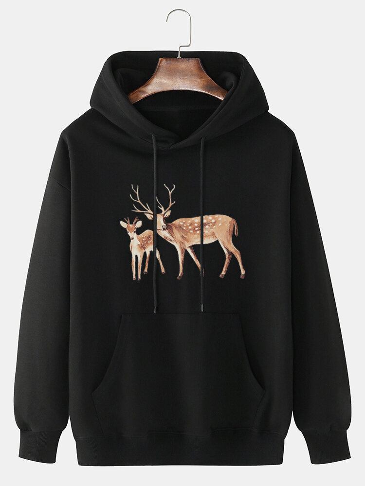 Mænds Tegneserie Elk Print Drop Skulder Kangaroo Pocket Hættetrøjer