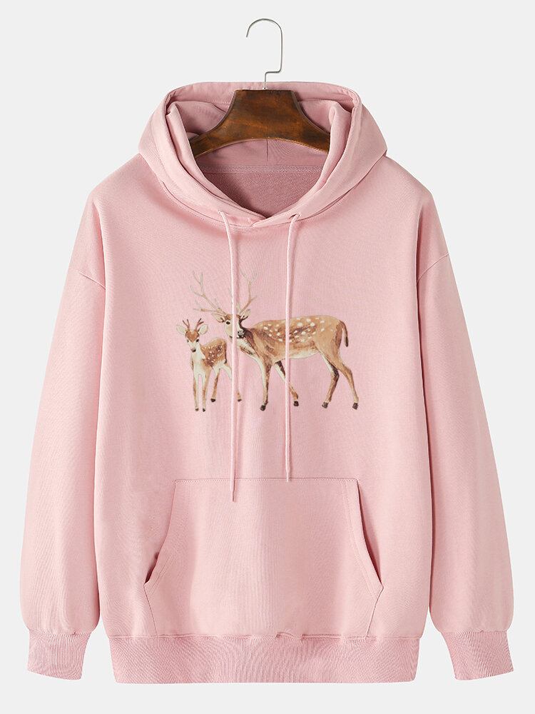 Mænds Tegneserie Elk Print Drop Skulder Kangaroo Pocket Hættetrøjer