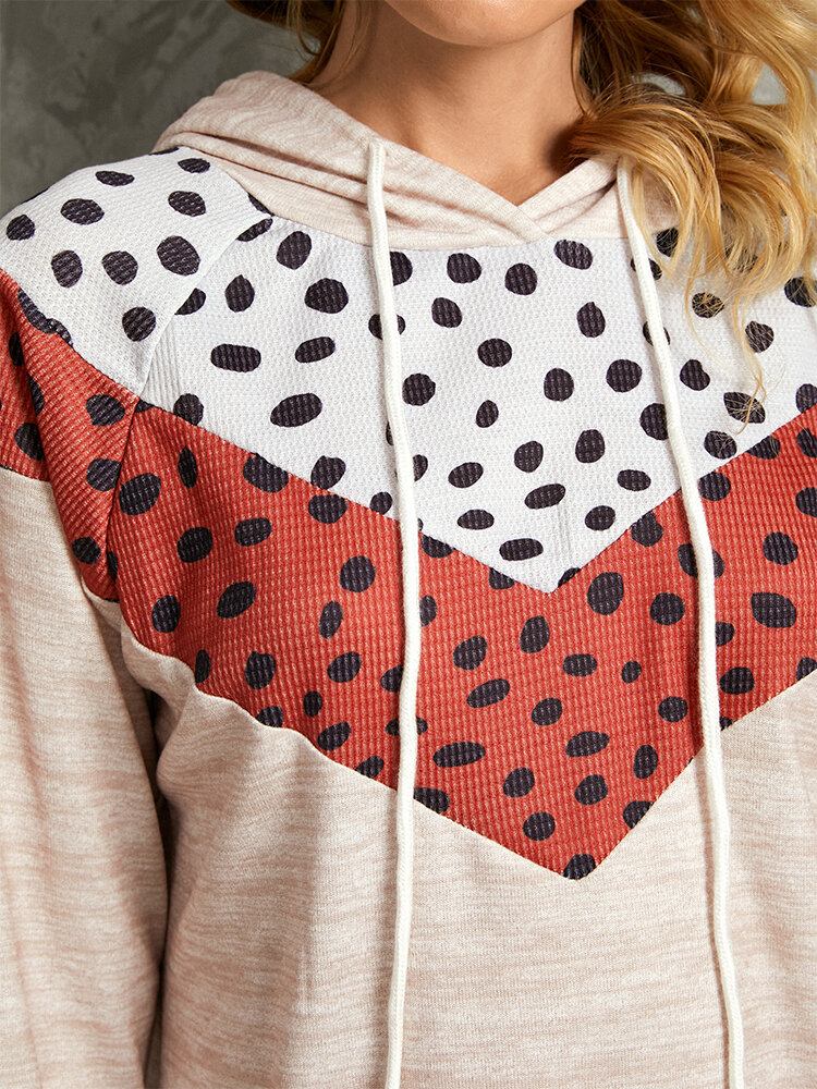 Polkadot Print Patchwork Afslappet Snoretræk Langærmede Hættetrøjer Med Rund Hals