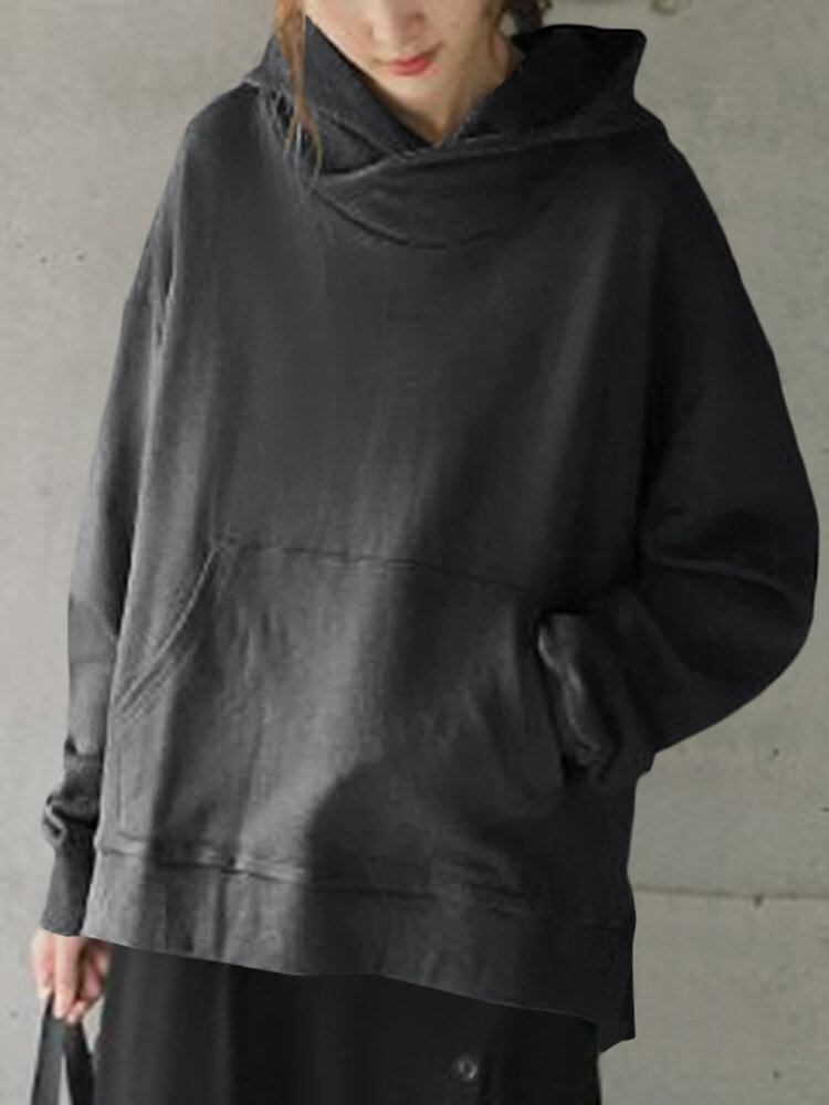 Solid Simple Front Pocket Løs Fit Split Hem Hoodie Til Kvinder