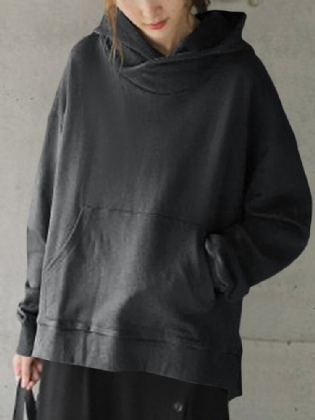 Solid Simple Front Pocket Løs Fit Split Hem Hoodie Til Kvinder