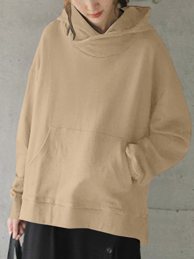 Solid Simple Front Pocket Løs Fit Split Hem Hoodie Til Kvinder