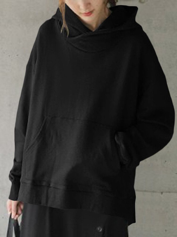 Solid Simple Front Pocket Løs Fit Split Hem Hoodie Til Kvinder