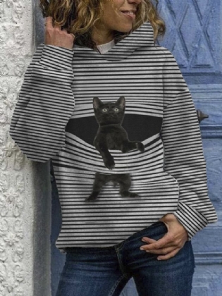 Sort Cat Print Langærmet Casual Stribede Hættetrøjer Til Damer
