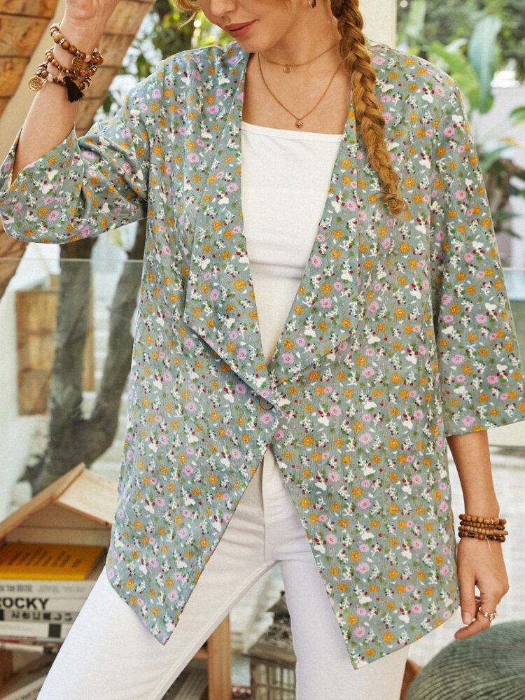 Bohemian Floral Print 3/4-lange Ærmer Casual Jakke Til Kvinder