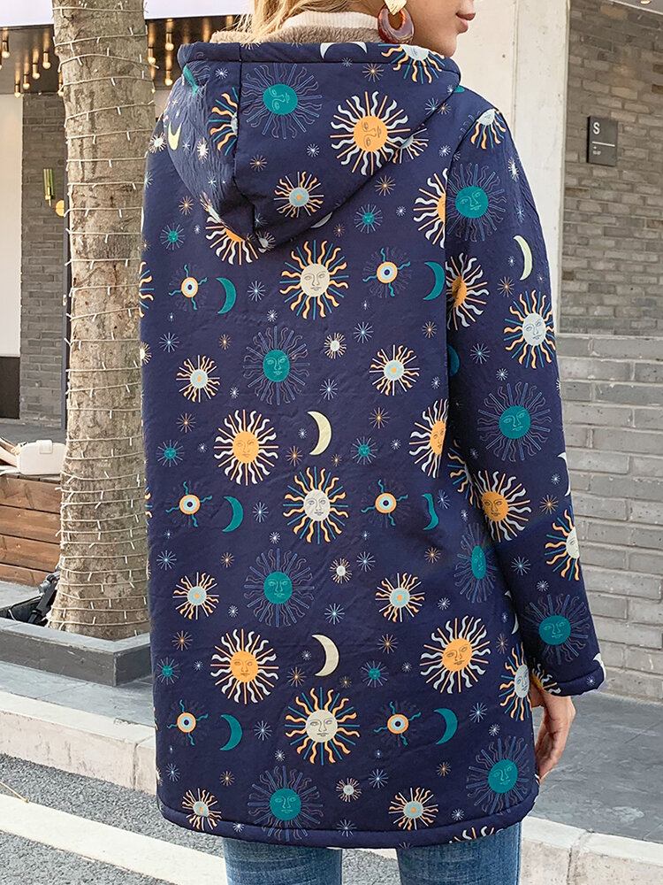 Casual Solor System Print Lommer Langærmede Plus Fleece Frakker