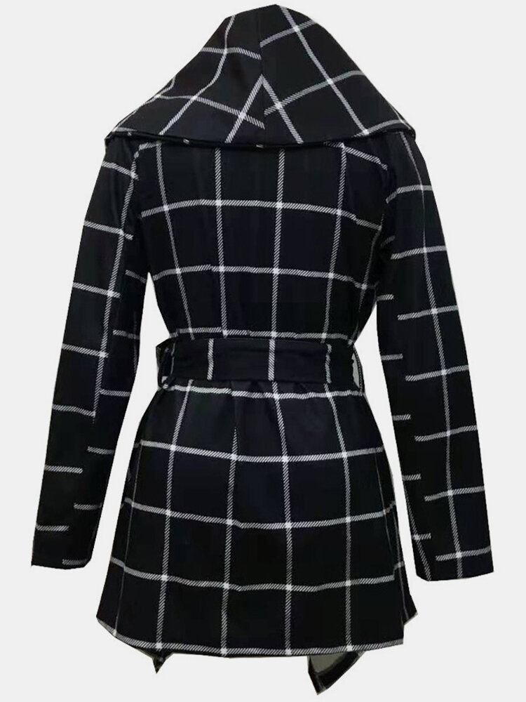 Damer Plaid Langærmet Asymmetrisk Hem Frakker Med Sashes