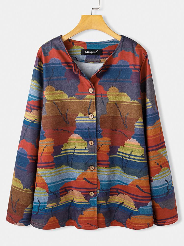 Kvinder All Over Abstrakt Print Button Up O-hals Casual Frakker