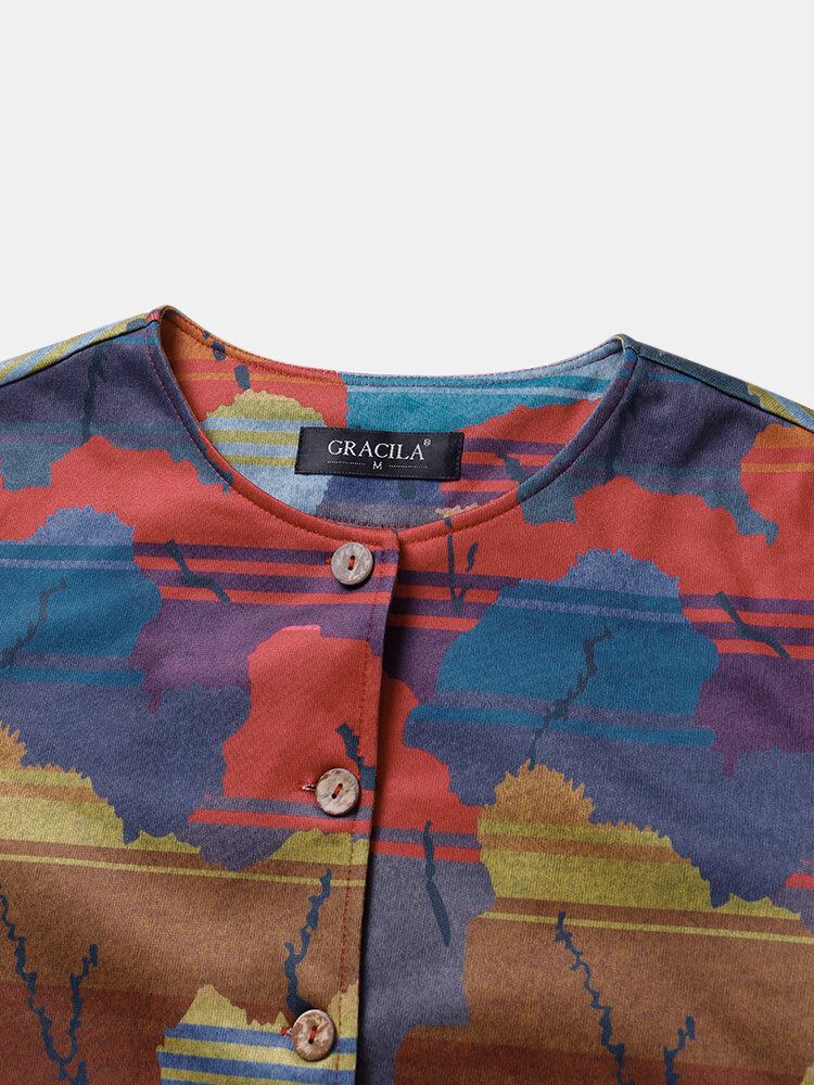 Kvinder All Over Abstrakt Print Button Up O-hals Casual Frakker