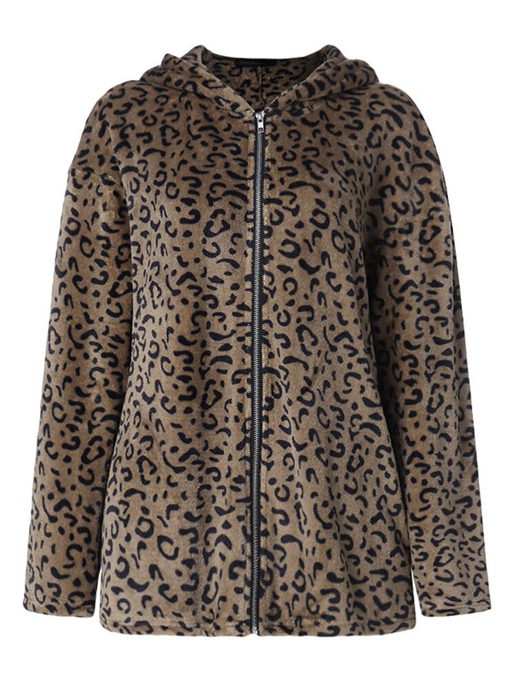 Kvinder Casual Zip Up Leopard Print Hættefrakker