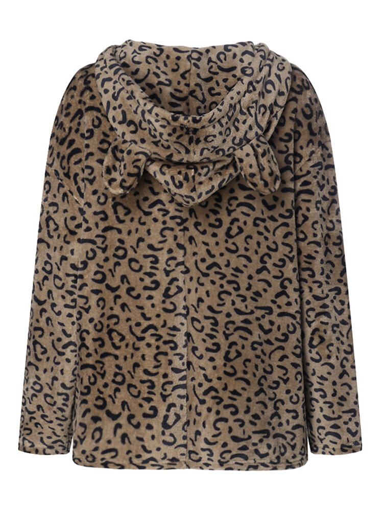 Kvinder Casual Zip Up Leopard Print Hættefrakker