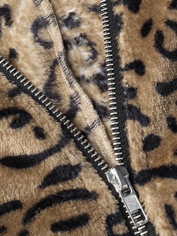 Kvinder Casual Zip Up Leopard Print Hættefrakker