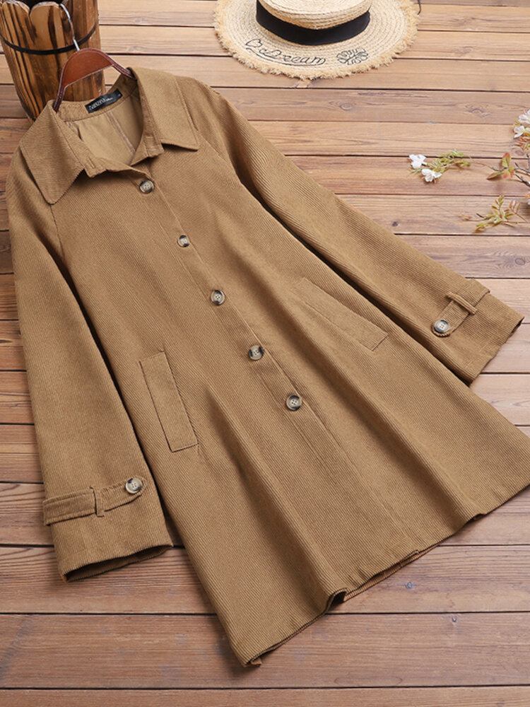 Kvinder Corduroy Vintage Solid Button Manchetter Sidelommer Casual Jakker