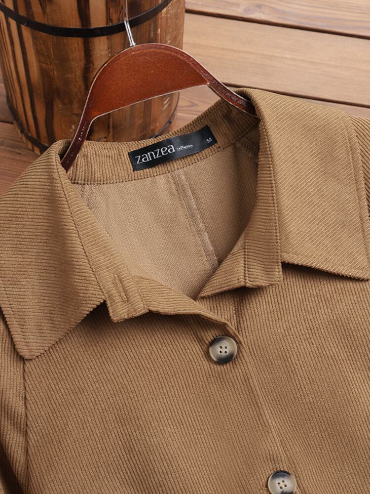 Kvinder Corduroy Vintage Solid Button Manchetter Sidelommer Casual Jakker